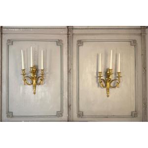 Pair Of Louis XVI Style Wall Sconces In Gilt Bronze, Circa 1880 