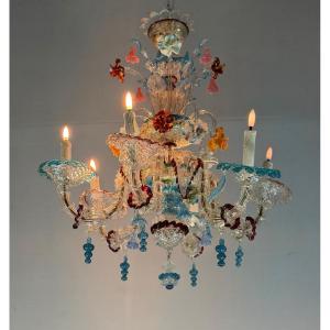 Venetian Chandelier In Multicolored Murano Glass, 6 Light Arms, Circa 1900 
