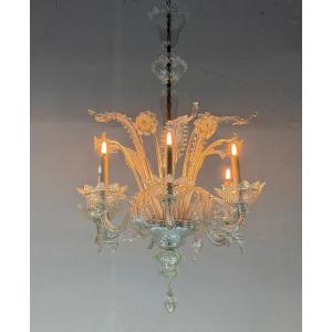 Venetian Chandelier In Colorless Murano Glass, 6 Light Arms, Circa 1950