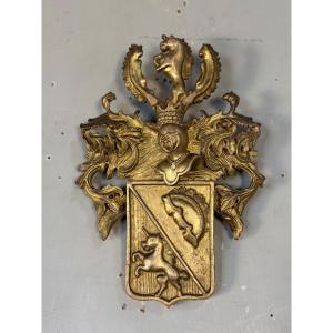 Heraldic Cartouche In Carved And Gilded Wood, Belgium, 19th Century