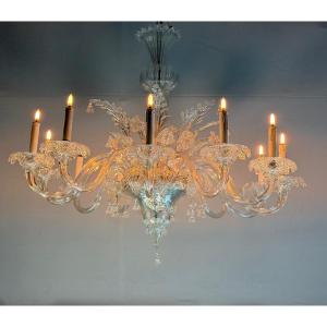 Venetian Chandelier In Colorless Murano Glass, 12 Light Arms, Circa 1900