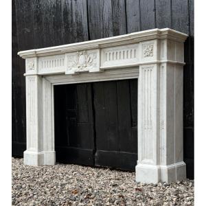Louis XVI Style Fireplace In White Carrara Marble, Circa 1880
