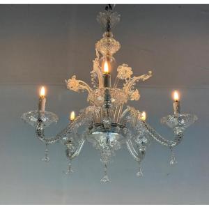 Venetian Chandelier In Colorless Murano Glass, Circa 1950