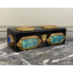Black Lacquered Wooden Box Adorned With Scaglione Plaques Imitating Marble, Circa 1880