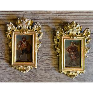 Pair Of Portraits Of Italian Bandits, Oil On Panel, Gilt Frames, Circa 1880