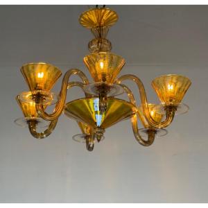 Venetian Chandelier In Brown And Yellow Murano Glass, Circa 1940 