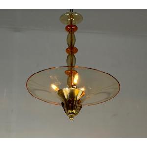 Venetian Chandelier In Murano Glass, Golden And Orange, Circa 1920