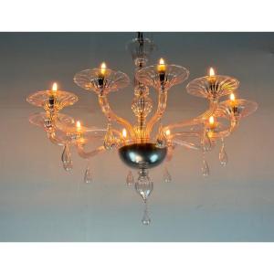 Venetian Chandelier In Pink Murano Glass, In The Style Of Venini 
