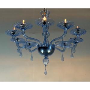 Venetian Chandelier In Blue Murano Glass, Circa 1980