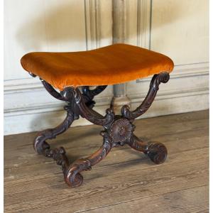 X-shaped Stool, Carved Wood, 19th Century