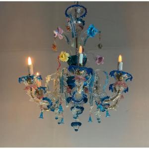 Venetian Rezzonico Chandelier In Multicolored Murano Glass, Circa 1920
