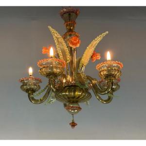 Venetian Chandelier In Green And Red Murano Glass, Circa 1940
