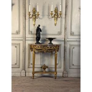 Louis XVI Console In Gilded Wood, Rance Marble, 18th Century