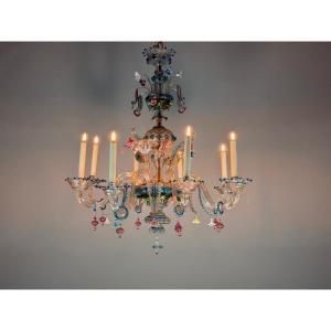 Venetian Chandelier In Multicolored Murano Glass, Circa 1880