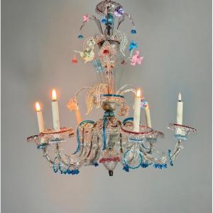 Venetian Rezzonico Chandelier In Multicolored Murano Glass Circa 1900