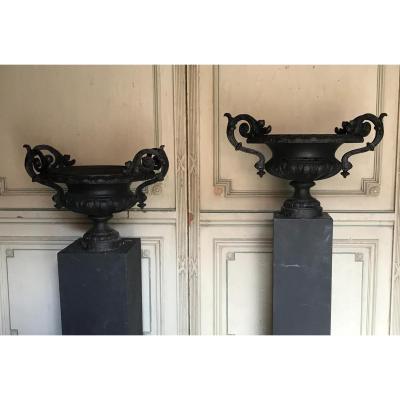 Pair Of Garden Urns In Cast Iron