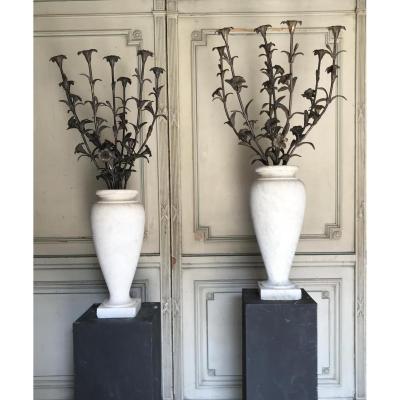 Pair Of Vases In Carrara Marble, Bronze Flower Bouquet