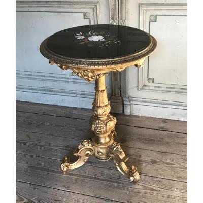 Carved Gilded Wood Guéridon Tablet In Marquetry Marble