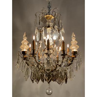 Chandelier In Gilt Bronze Garnished With Transparent And Golden Tassels