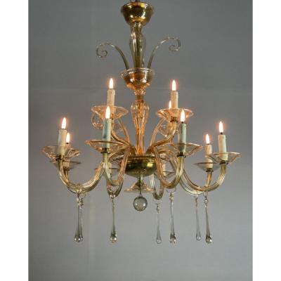 Golden Glass Chandelier, Two Floors And 12 Arms Of Light Around 1940