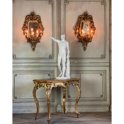 Pair Of Carved Wood Mirrors, Three Arms Of Light, Louis XVI Style