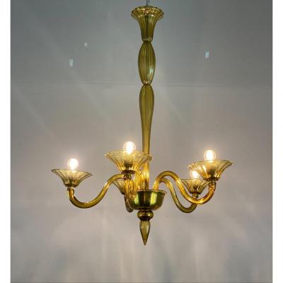 Venetian Murano Glass Chandelier In Amber Yellow Color, 5 Arms Of Light