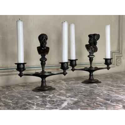 Pair Of Bronze Candlesticks With Black Patina In The Taste Of The Antique