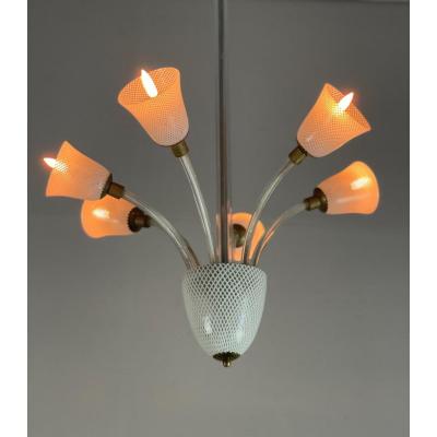 Venetian Chandelier In Clear And White Murano Glass, Venini Circa 1940