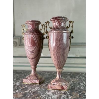 Pair Of Urns In Pink Marble And Gilded Bronzes