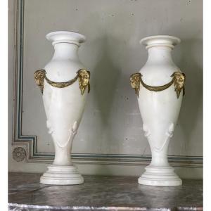 Pair Of White Statuary Marble Vases, Gilt Bronze, Circa 1900