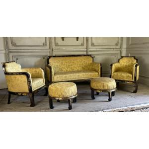 Set Of Two Armchairs, A Sofa And Two Poufs In Lacquered Wood With Golden Chinese Decorations