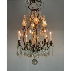 Cage Chandelier In Bronze Garnished With Cut Crystal Pendants, 12 Lights
