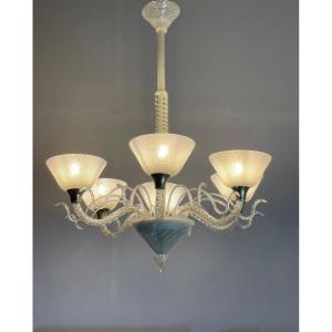 Venetian Murano Glass Chandelier Circa 1940, Vetro A Reticello