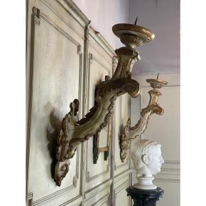 Pair Of Sconces In Carved Wood, Northern Italy
