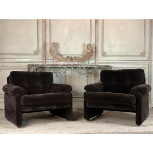 Pair Of Very Dark Brown Velvet Armchairs, Coronado Model By Tobia Scarpa, 1972