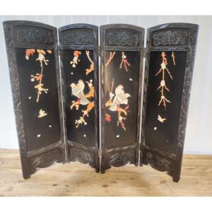 Chinese Lacquered Wood Screen With Inlaid Stones