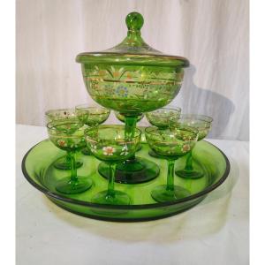 Green Enameled Morello Cherry Service Coupe Tray With Eight Stemmed Glasses