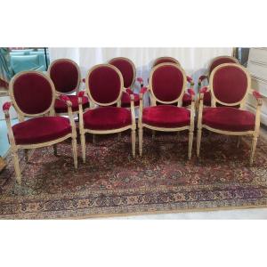 Suite Of Eight Louis XVI Armchairs To The Queen In Lacquered Carved Wood 19 Centuries