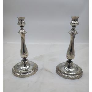 Pair Of Christofle Candlesticks, In Silver Metal Hallmarks