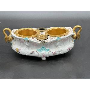 Inkwell Gilt Bronze Porcelain Meissen Germany 19 -th Century