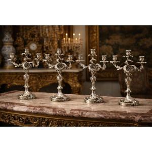 Pair Of Silver-plated Bronze Candelabra, Louis XV Style – 19th Century