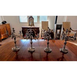 Pair Of Silver-plated Bronze Candelabra, Louis XV Style – 19th Century