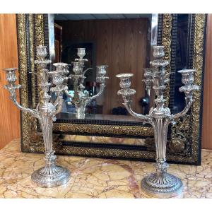 Of Silver-plated Bronze Candelabras, Louis XVI Style, 19th Century