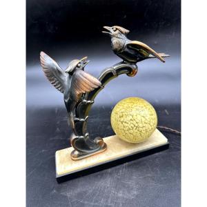 Art Deco Marble Night Light In Bronze Patinated Metal And Opaline