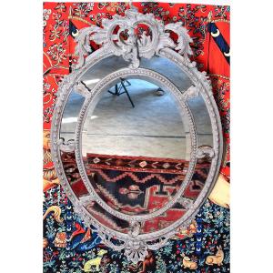 Oval Mirror With Glazing Beads In Gilded Wood, Mercury Glass, 19th Century