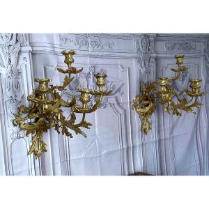 Pair Of Bronze Sconces In The XIVth Century Style, 19th Century