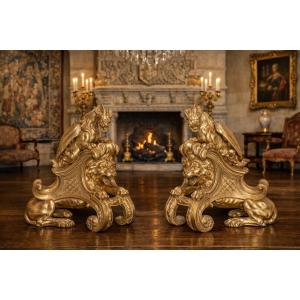 Pair Of Andirons With Lions And Dragons, Charles Cressent