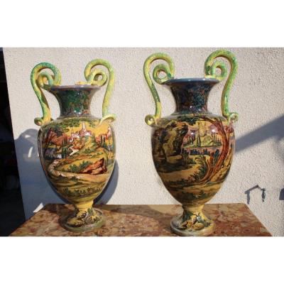 Very Large Pair Of Mythological Italian Earthenware Vase D After Urbino