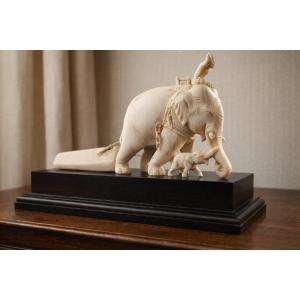 Elephant In Ivory And His Cornac - Vietnam - XIXth Circa 1850