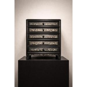 Indochine Opium Pipe Presentation Cabinet With Mother-of-pearl Decor